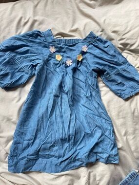 Zara Blue Off-Shoulder Dress with Floral Appliqués